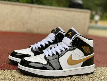 AJ1 MID Patent Black White Gold