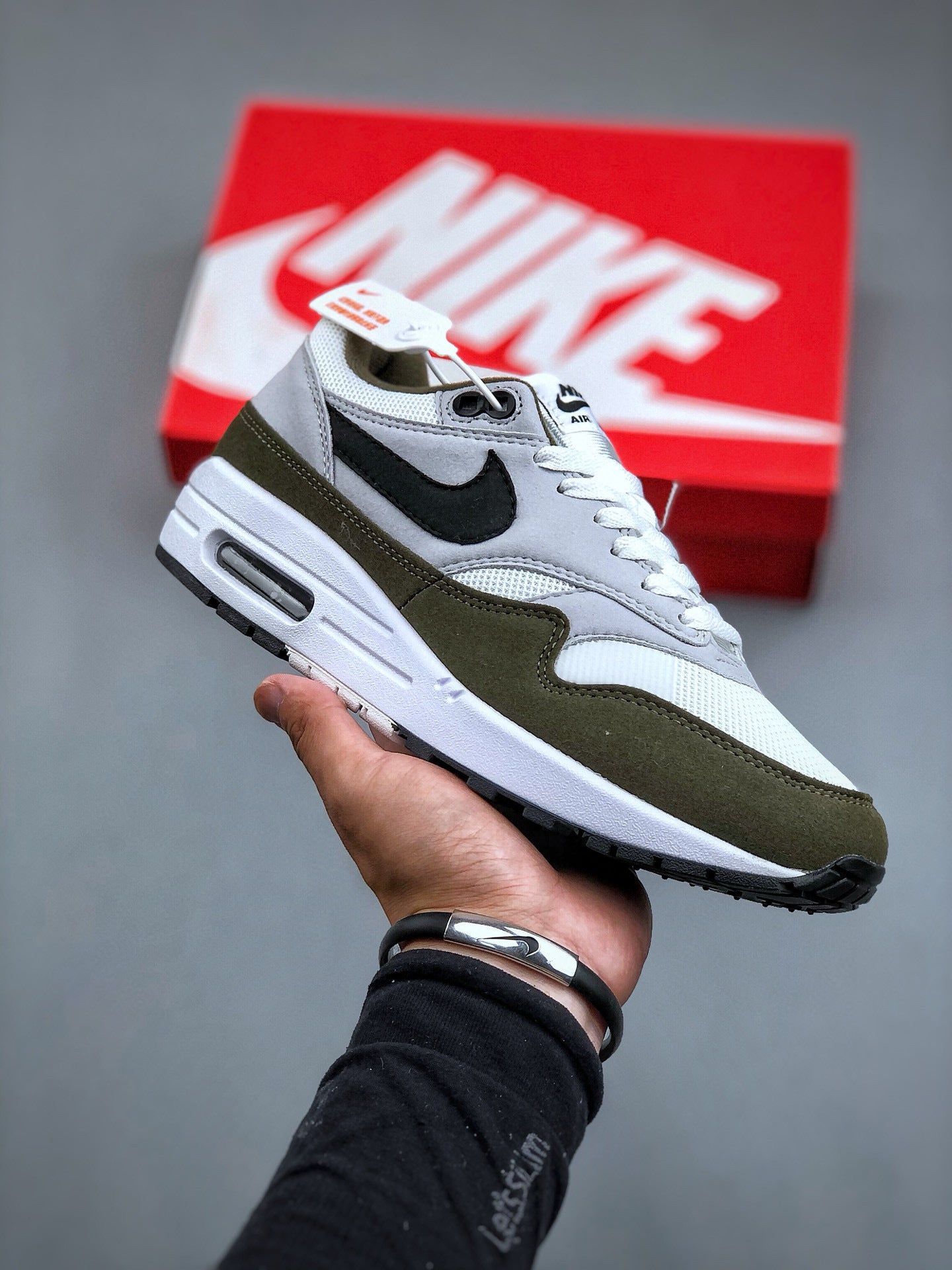 Air Max 1 White Black Medium Olive
