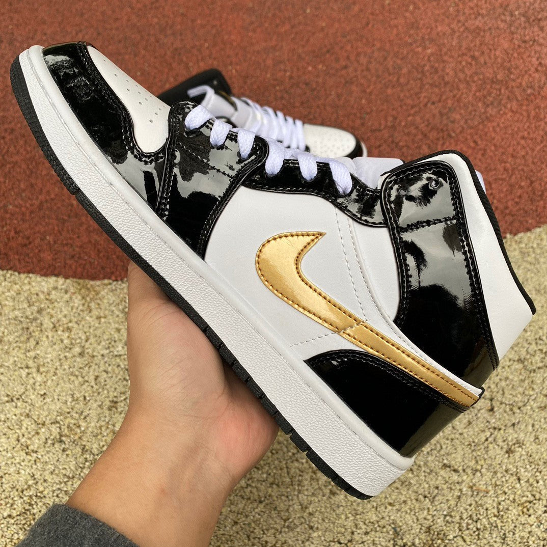 AJ1 MID Patent Black White Gold