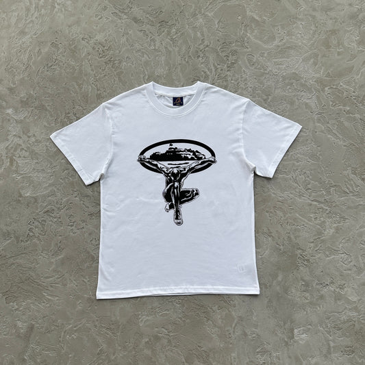 flying man statue tee