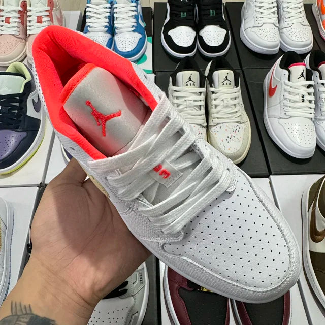 AJ1 Low White/Sesame/Flash Crimson