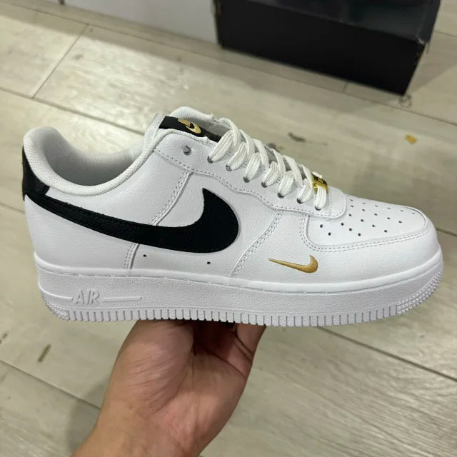 AF1 07 Essential White Black Gold Mini Swoosh
